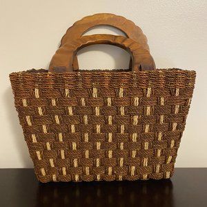 Coated Jute Straw Brown Tote with Wood Handles